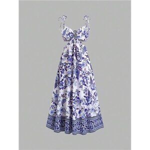 Sweetra Women's Spaghetti Strap Backless Allover Floral Print Hollow Out Design